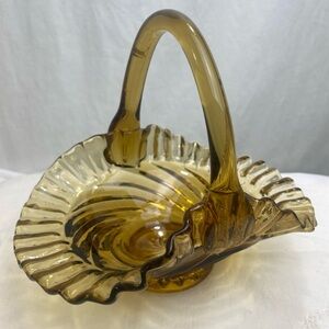 Vintage Fenton Art Glass Swirled Amber Bridal Basket Crimped Ruffled Edge